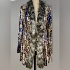NWT Alberto Makali Cardigan Snakeskin Print Faux Fur Trim Jacket Large